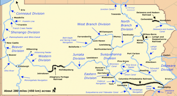 Map showing canals in Pennsylvania constructed in the 1800s
